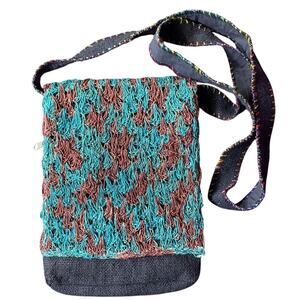 prAna Crossbody Bag 100% Hemp Blue Brown Earthy Slouchy Hippie Made In Nepal